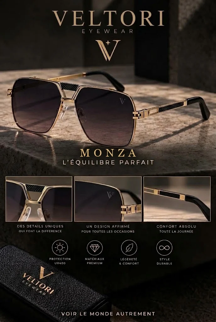 Affiche Veltori Monza : lunettes pilote dorées à double pont, barre noire façon carbone, verres dégradés.